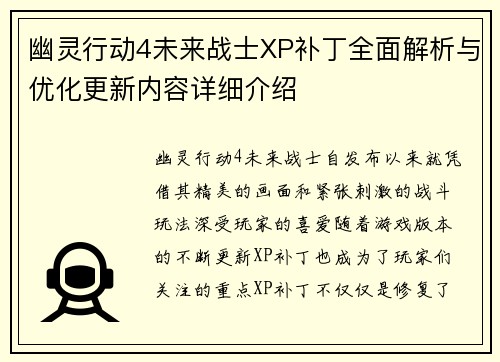 幽灵行动4未来战士XP补丁全面解析与优化更新内容详细介绍